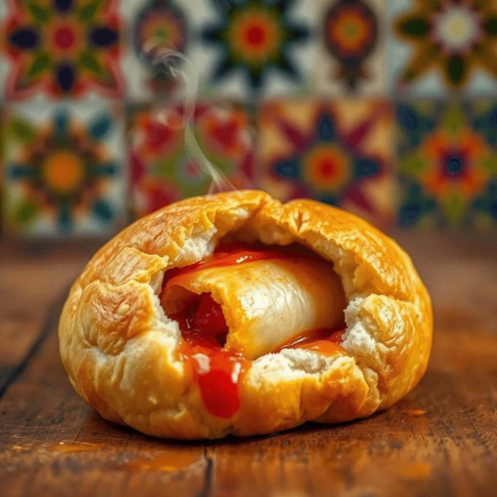 Guajolota Mexicana Auténtica - Torta de Tamal Casera Guajolota mexicana tradicional con tamal de chile rojo dentro de bolillo dorado sobre mesa de madera rústica