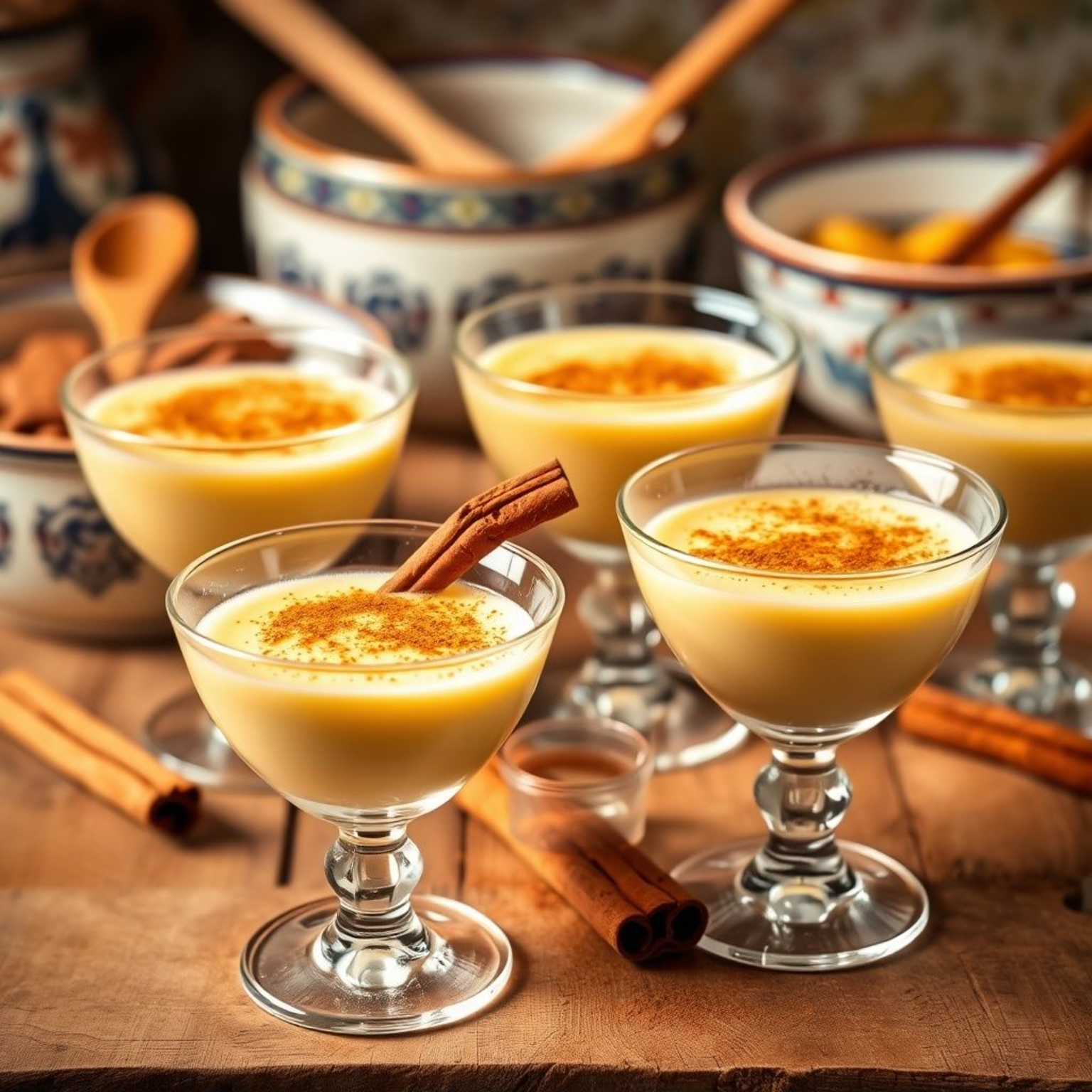 Natillas españolas tradicionales servidas en copas de cristal con canela en polvo espolvoreada sobre la superficie cremosa