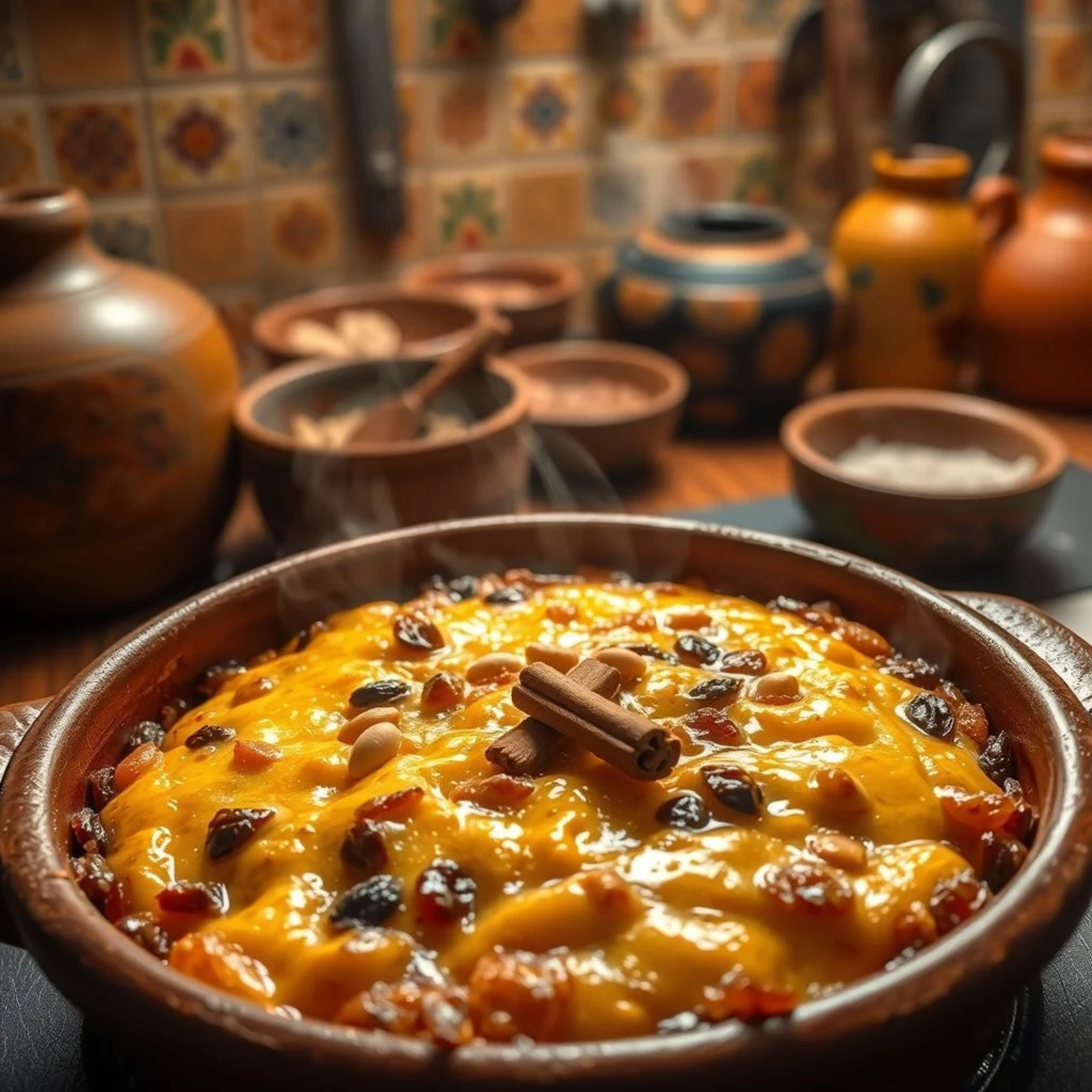 Capirotada receta fácil mexicana - budín de pan con piloncillo y pasas en cazuela de barro