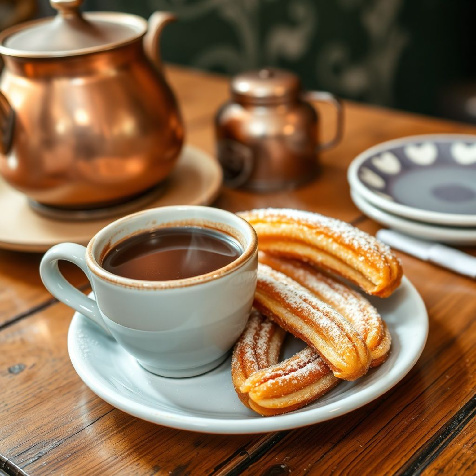 Churros con chocolate españoles tradicionales servidos en mesa rústica con chocolate espeso caliente y azúcar