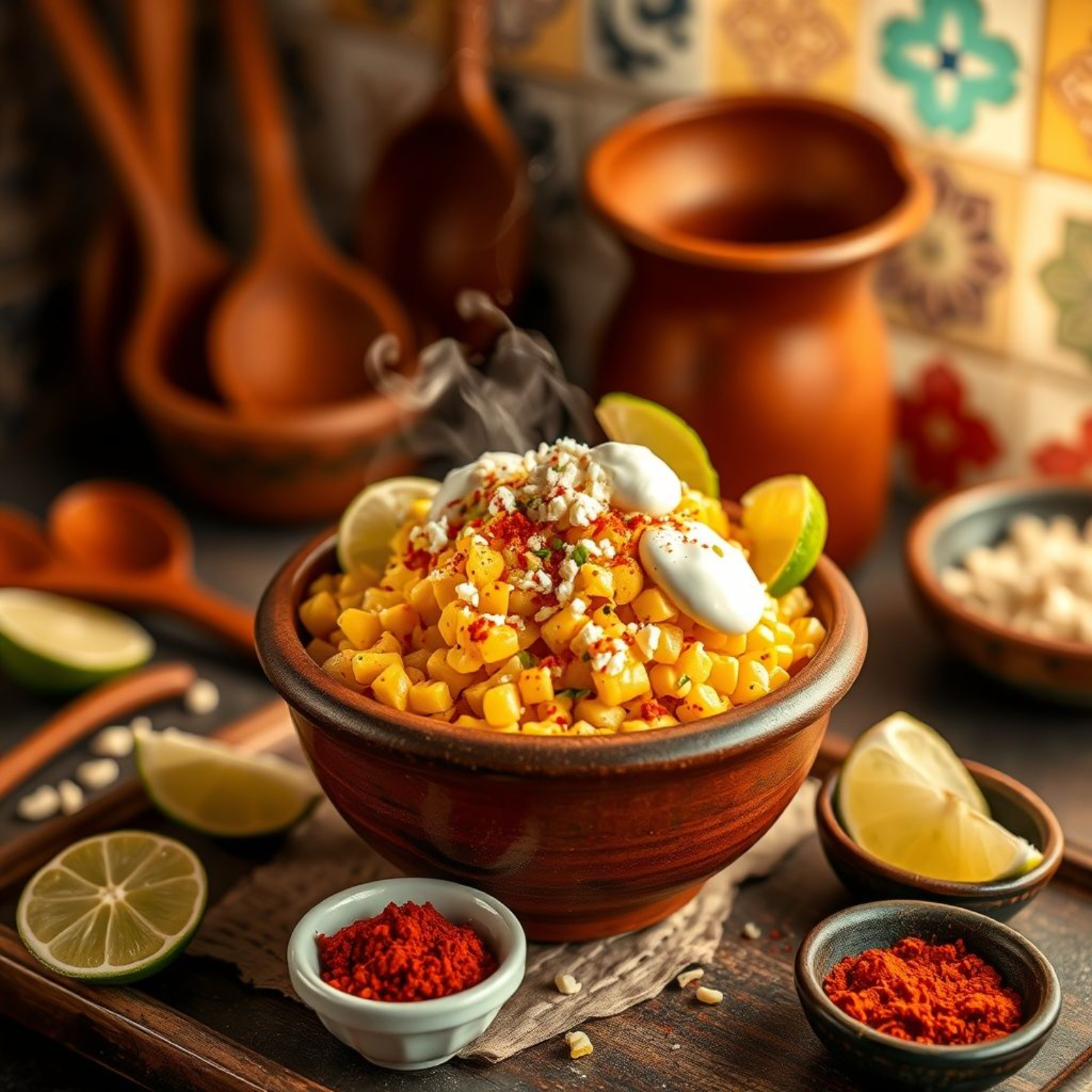 Esquites mexicanos tradicionales servidos en bowl de barro con chile piquín, limón y queso cotija - receta auténtica