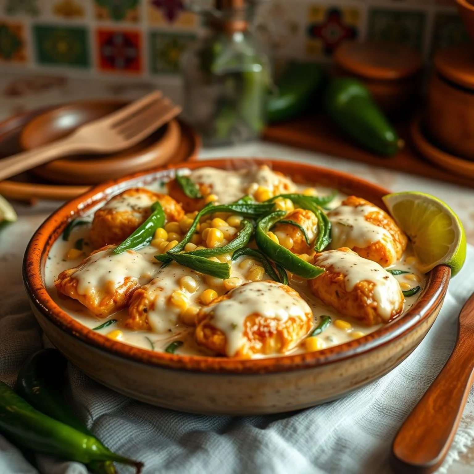 Pollo a la crema mexicana tradicional con chiles poblanos y elote servido en plato rústico - receta casera auténtica