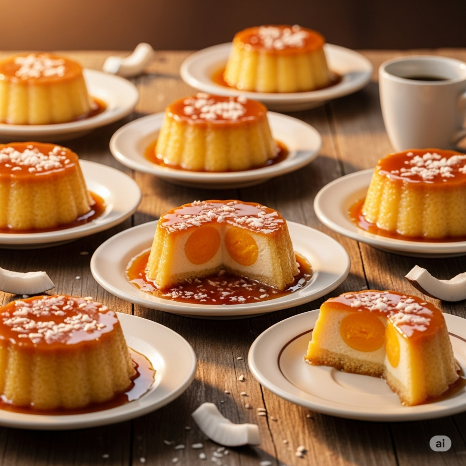 Quindim brasileño casero receta fácil postre dorado coco yema caramelizado sobre mesa rústica