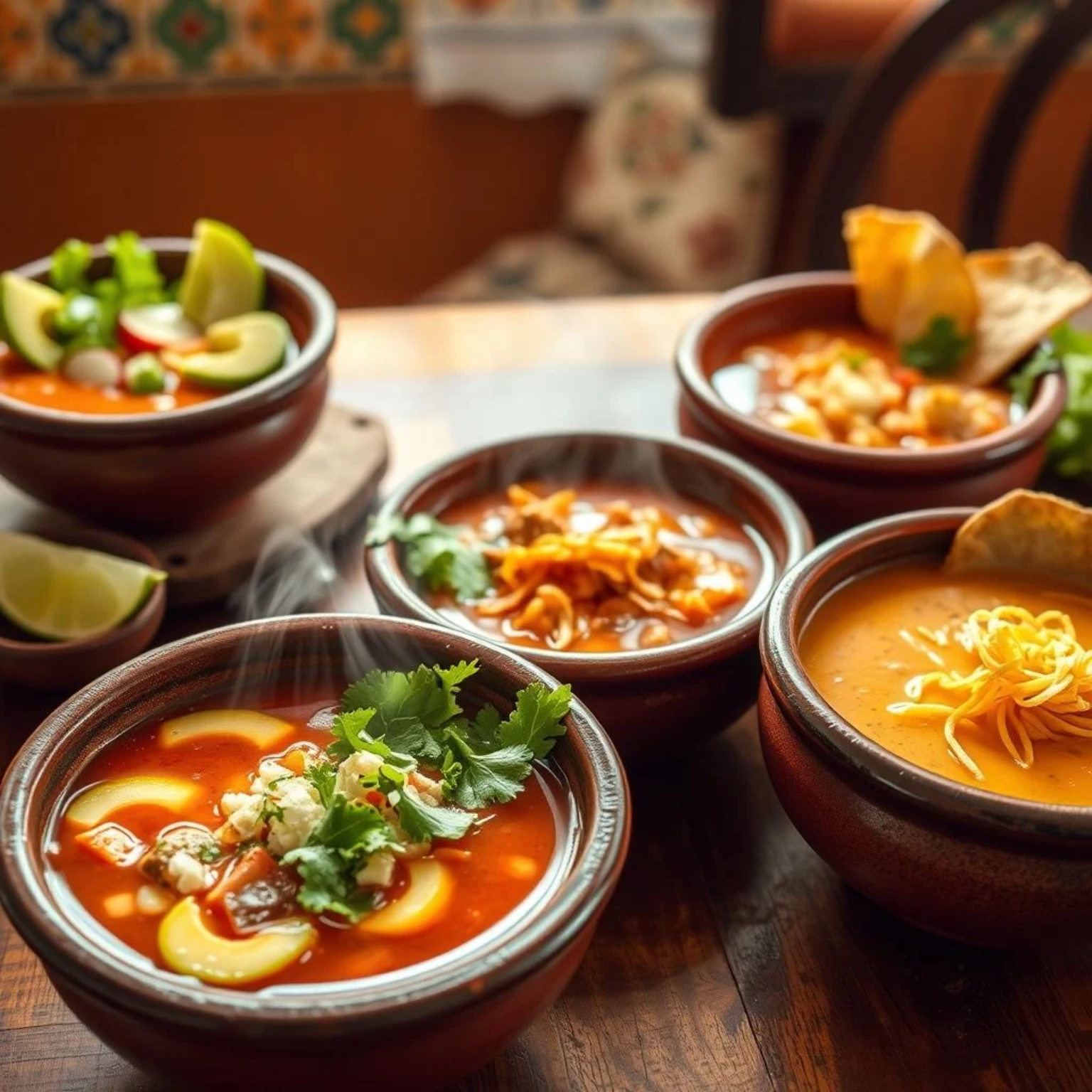 Las mejores sopas mexicanas tradicionales: pozole, sopa de tortilla y caldo tlalpeño en tazones de barro auténticos