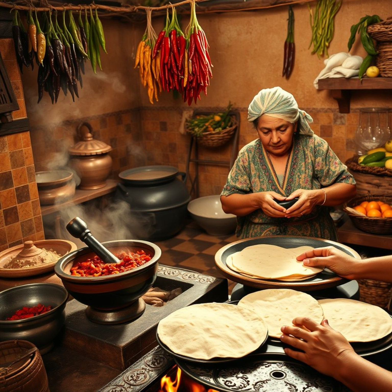 Abuela mexicana preparando comidas caseras tradicionales con molcajete y comal en cocina rústica auténtica