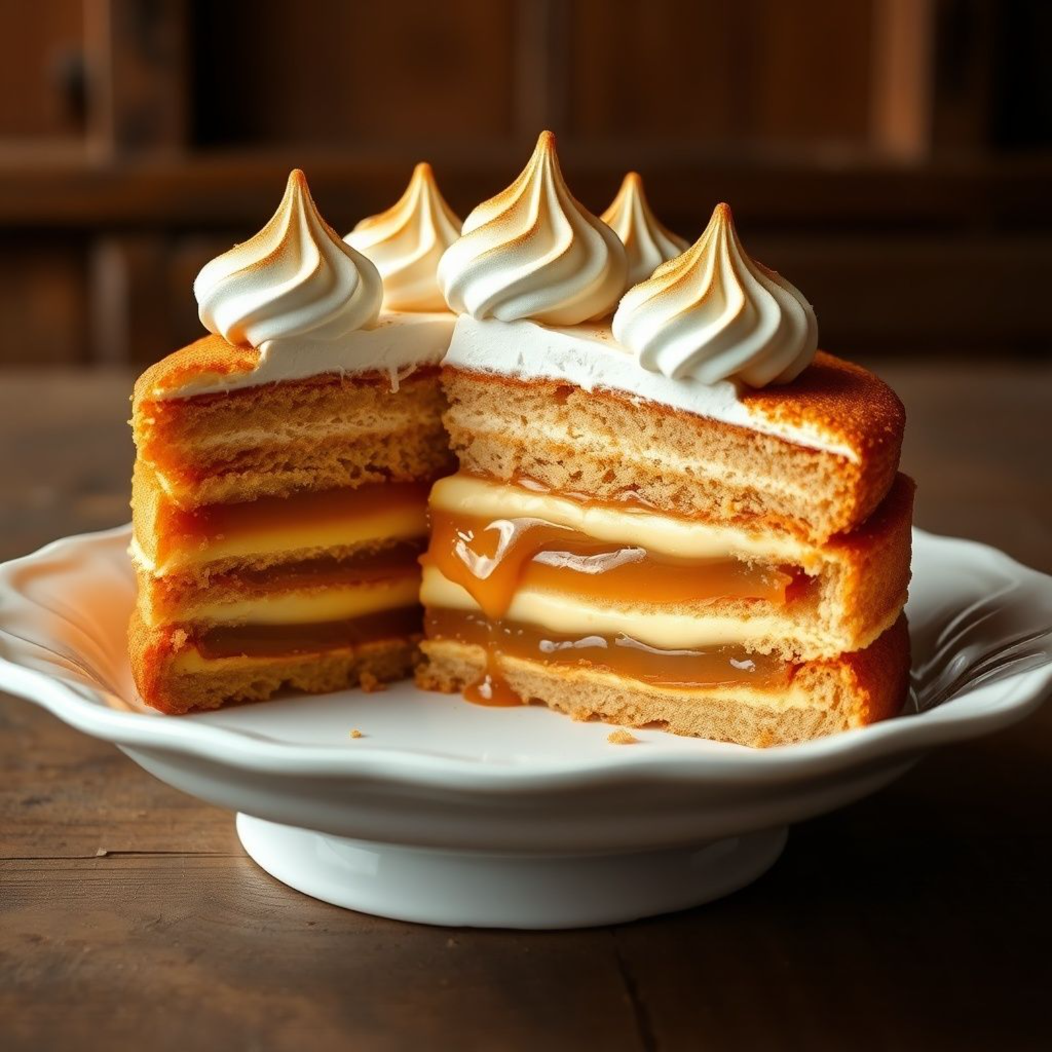 Torta Rogel argentina tradicional con capas doradas crujientes, dulce de leche cremoso y merengue blanco, receta fácil paso a paso