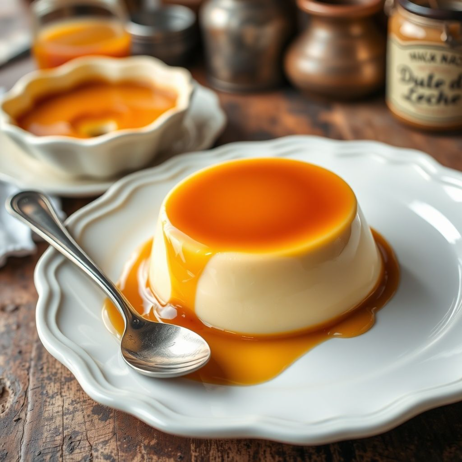 Flan casero argentino perfecto con caramelo dorado líquido, superficie cremosa y sedosa, servido en plato blanco, receta tradicional fácil