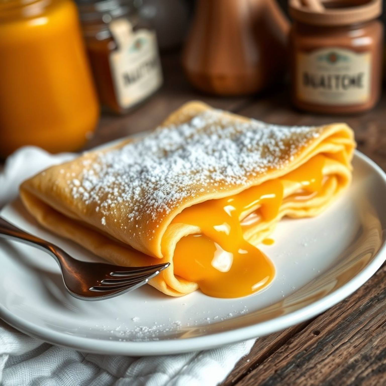 Panqueques argentinos rellenos de dulce de leche enrollados en plato blanco, receta fácil casera con dulce de leche cremoso goteando
