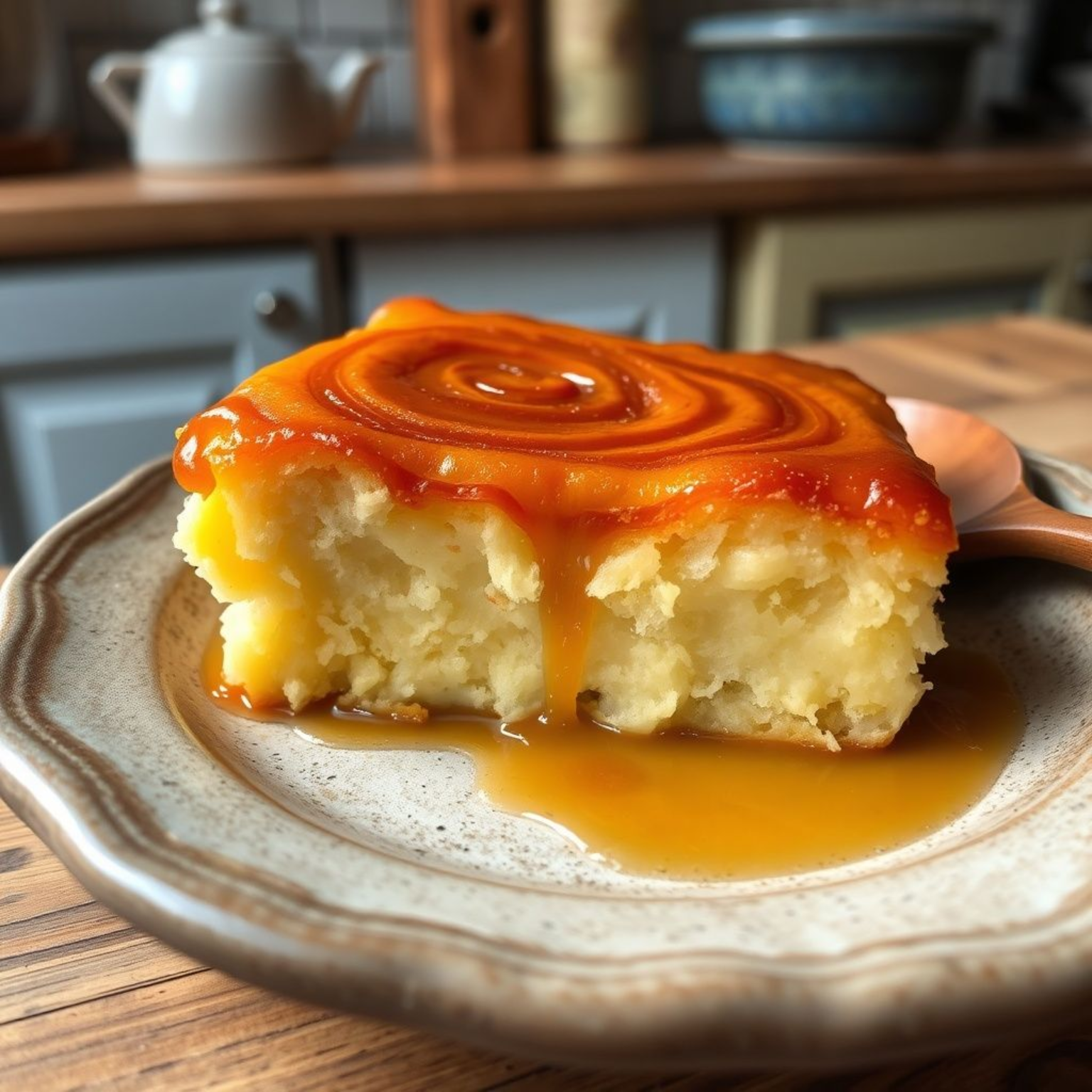 Budín de pan argentino casero con dulce de leche servido en plato rústico, receta tradicional fácil