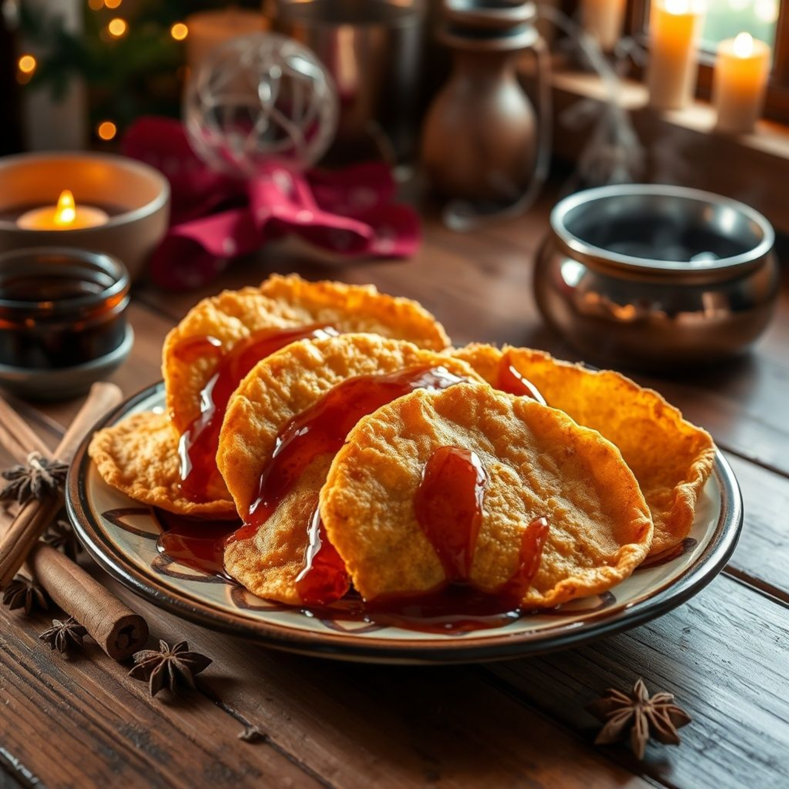 Buñuelos mexicanos dorados con miel de piloncillo, tortillas fritas crujientes, receta tradicional navideña fácil