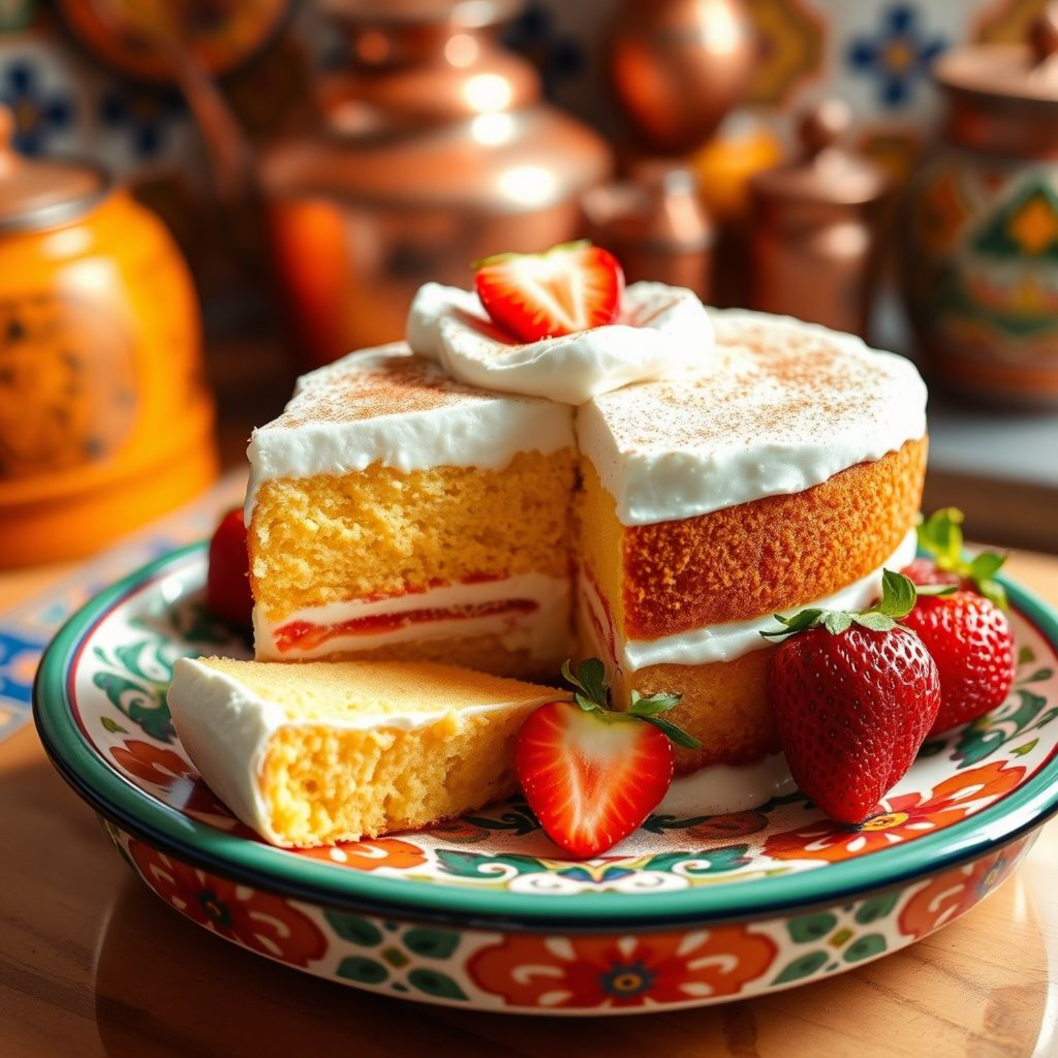 "Pastel tres leches mexicano tradicional con merengue y canela sobre plato de Talavera"