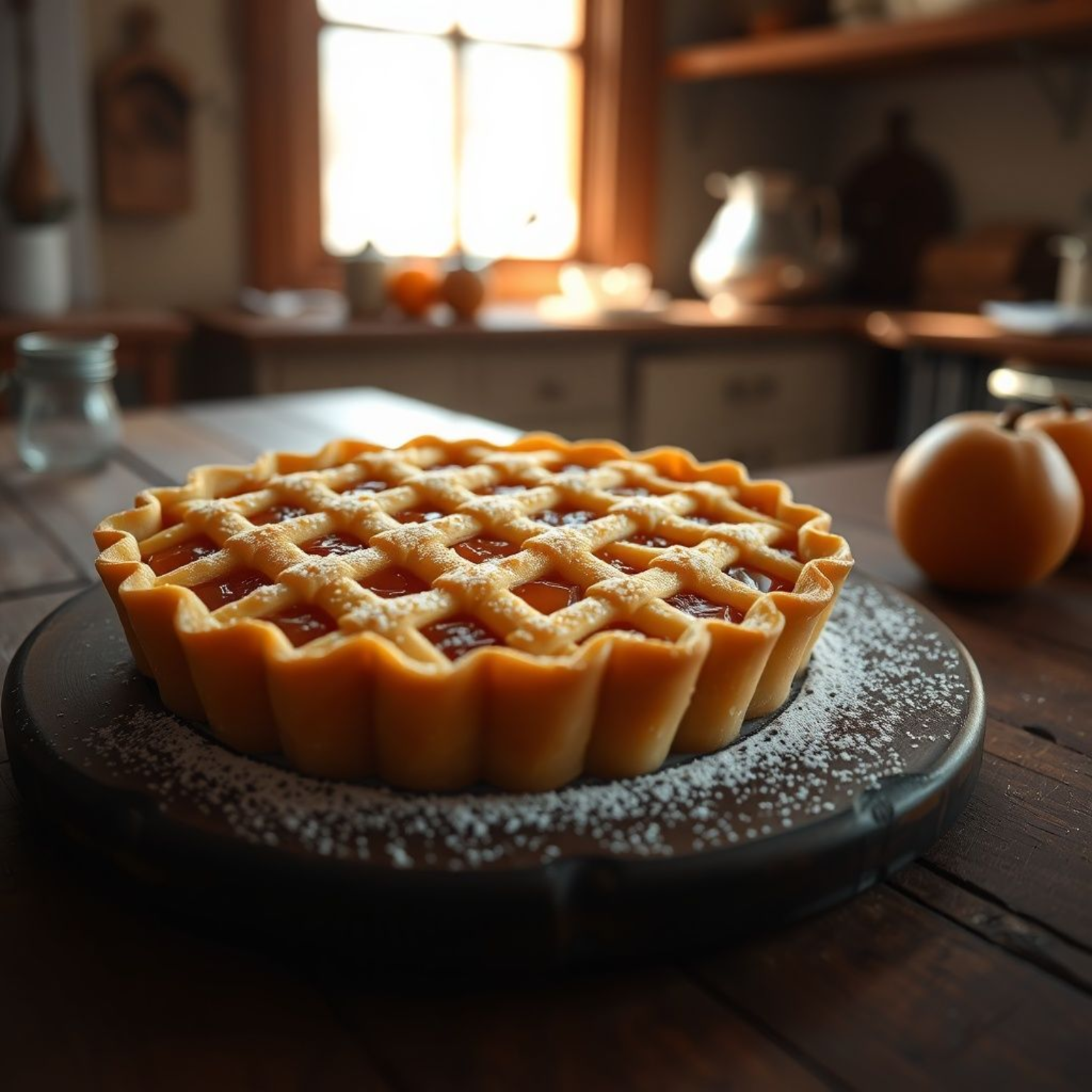 Pasta frola argentina casera con dulce de membrillo y enrejado dorado sobre mesa rústica