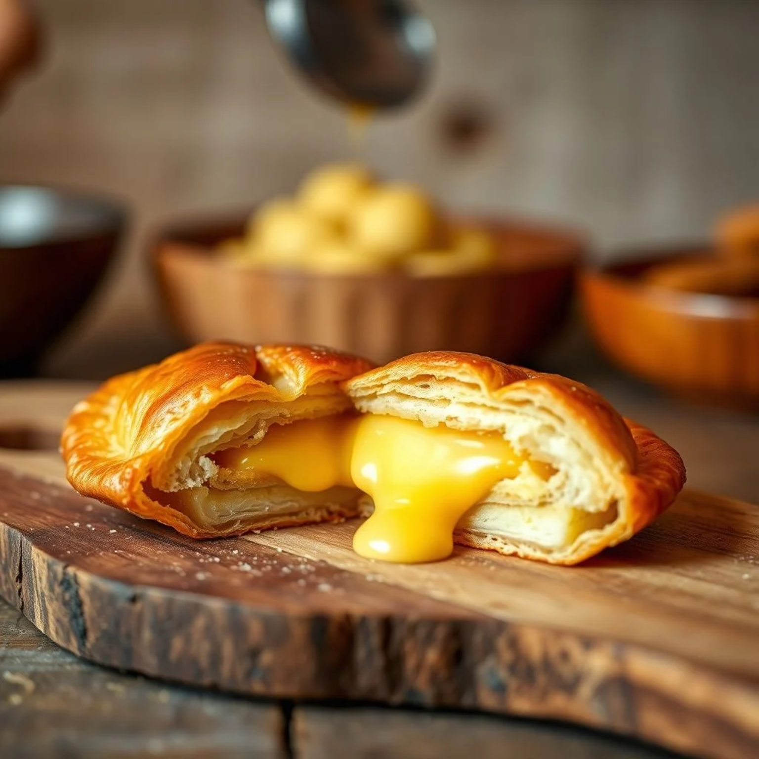 Pantxineta vasca casera cortada mostrando hojaldre dorado y relleno de crema pastelera