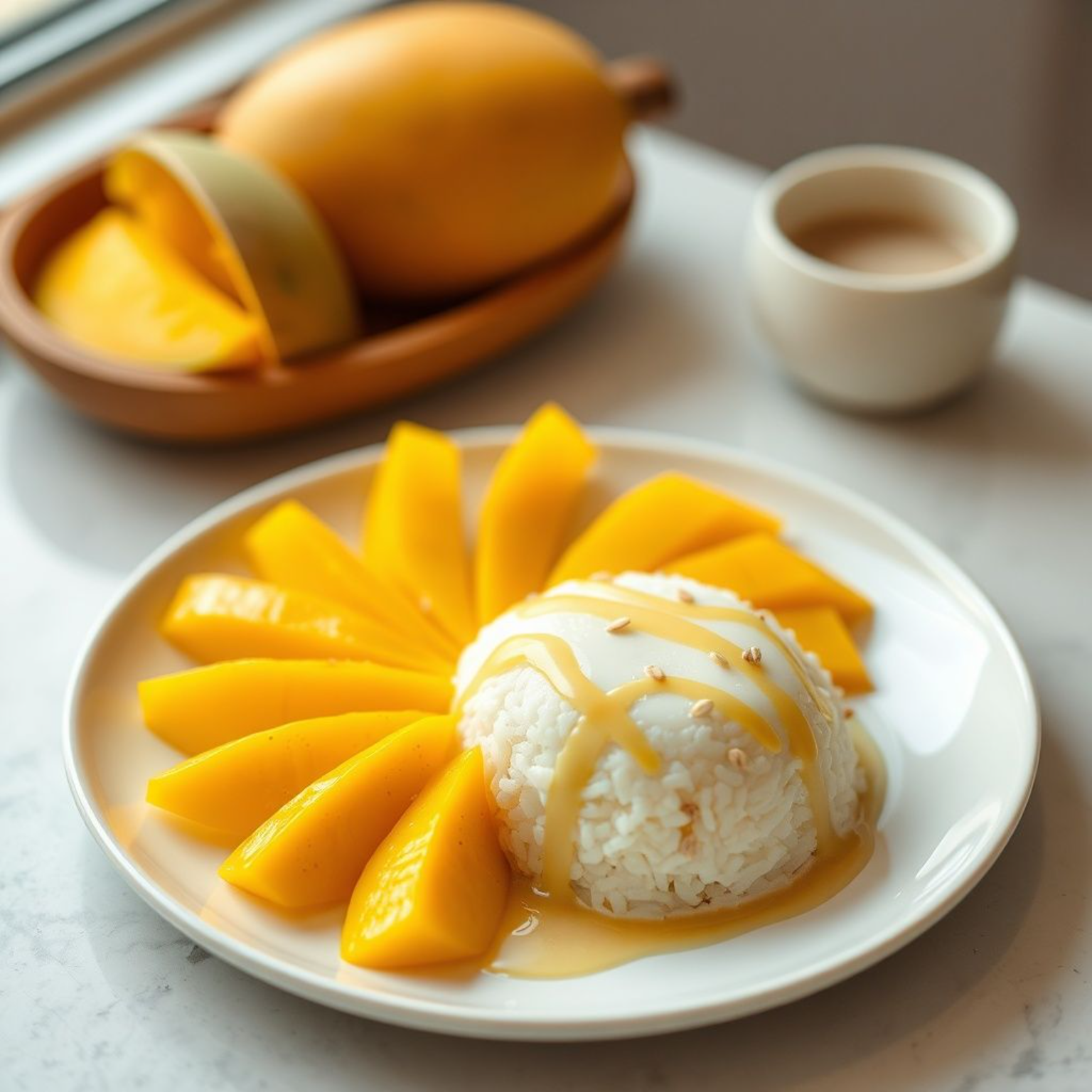 Mango sticky rice tailandés servido en plato blanco con mango dorado y arroz glutinoso cremoso