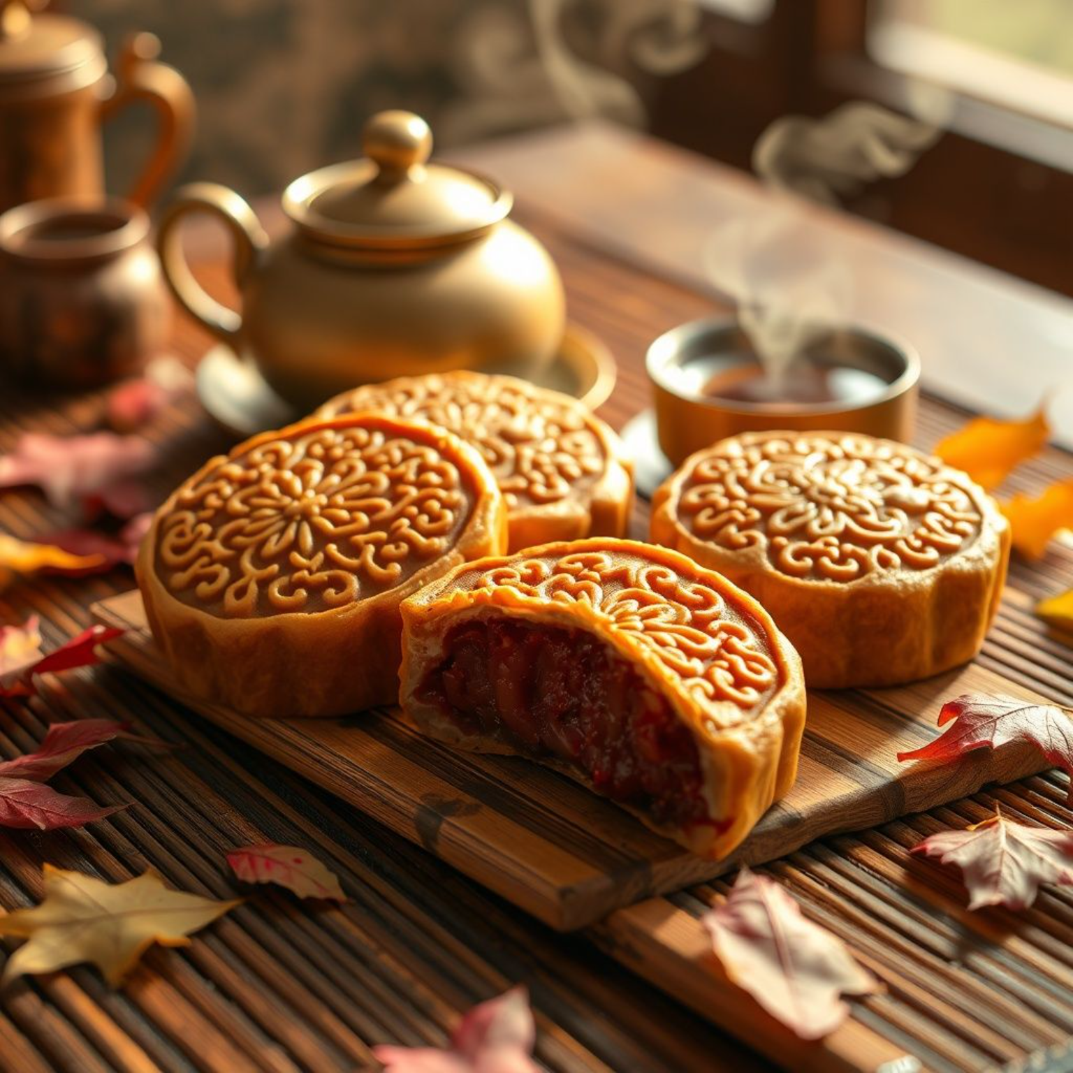 Mooncakes chinos tradicionales dorados con pasta de frijol rojo, receta fácil casera sobre mesa de bambú con té