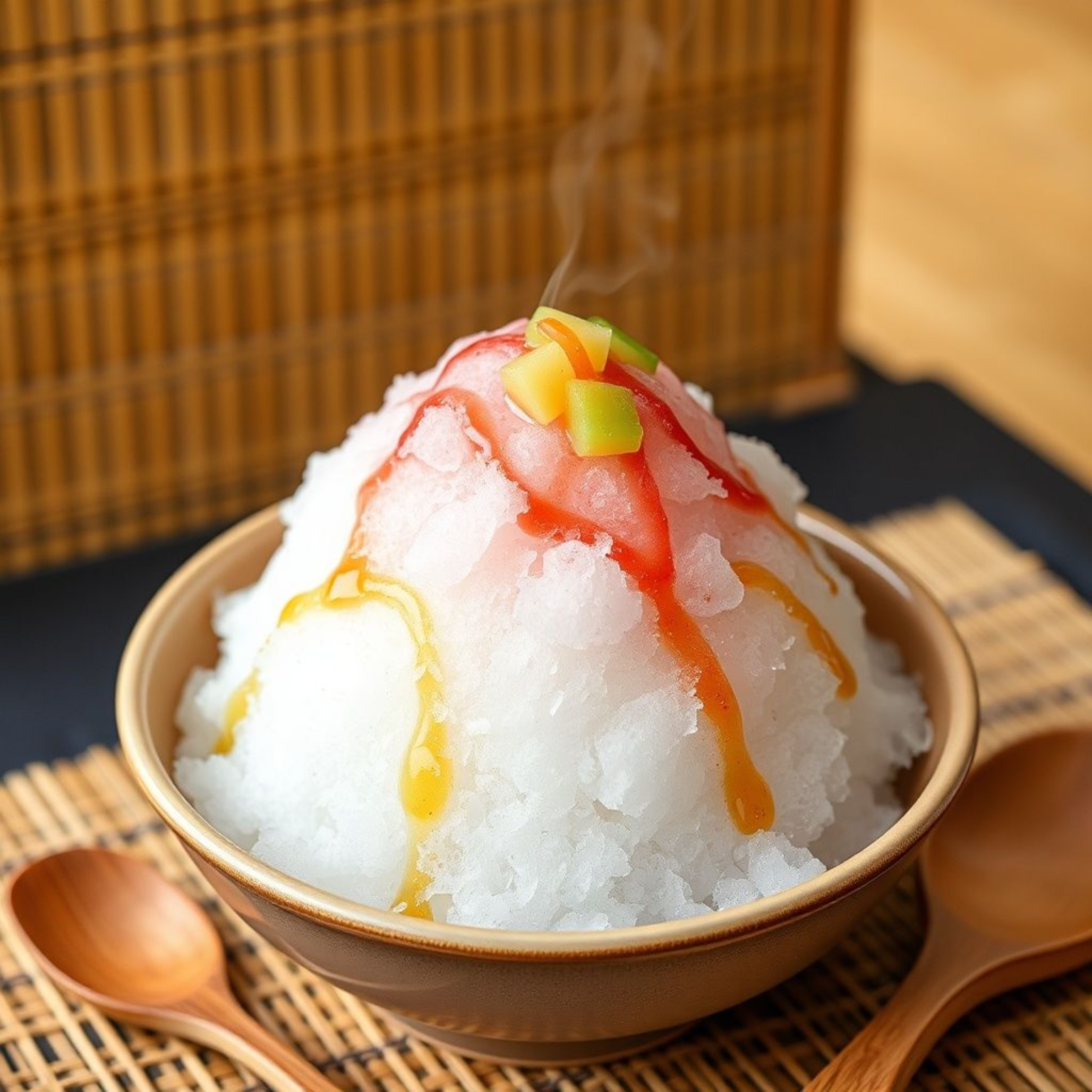 Kakigori japonés tradicional con hielo raspado y jarabes de colores en cuenco de cerámica, receta fácil casera