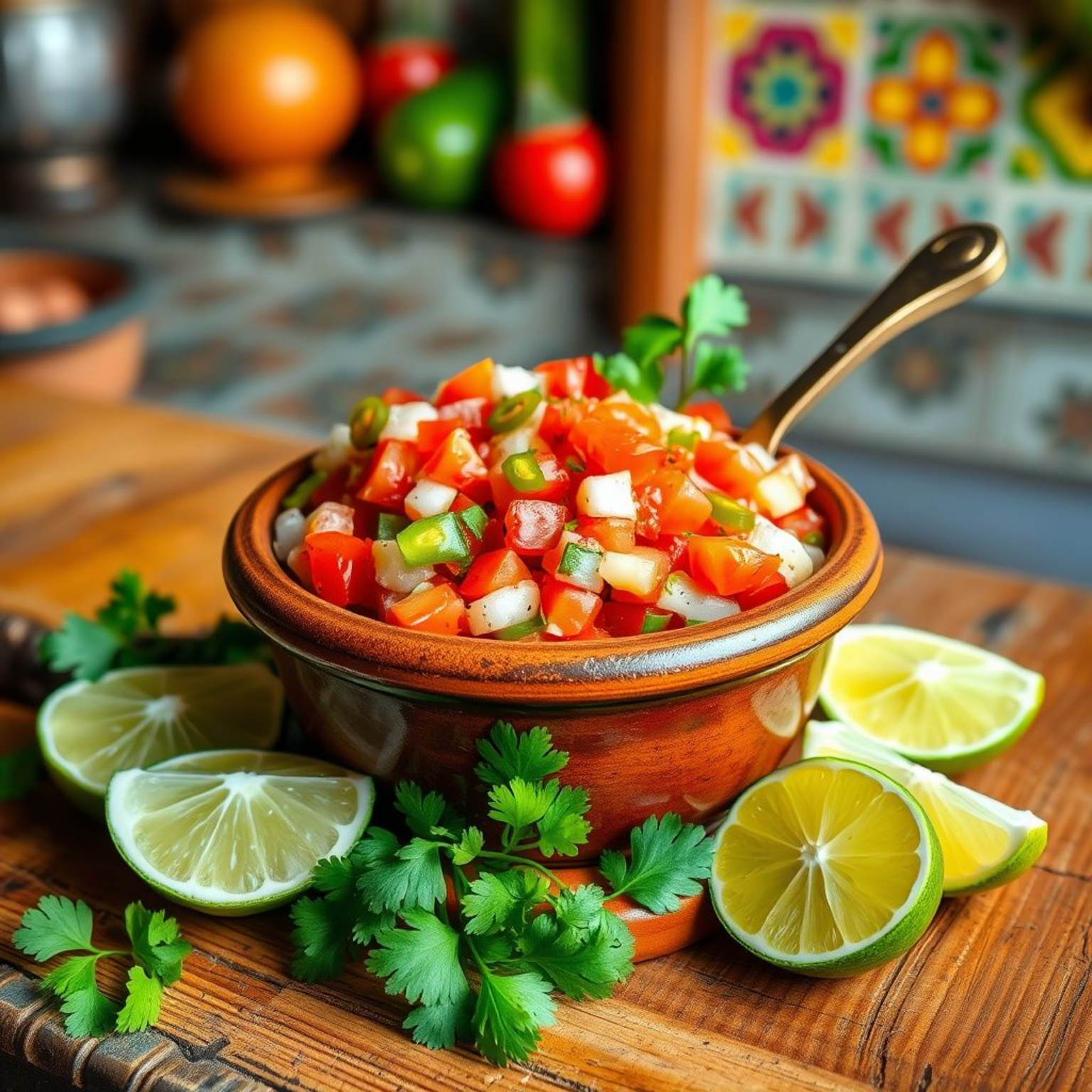 Auténtico pico de gallo mexicano servido en bowl de barro tradicional con ingredientes frescos - tomate, cebolla, chile jalapeño, cilantro y limón