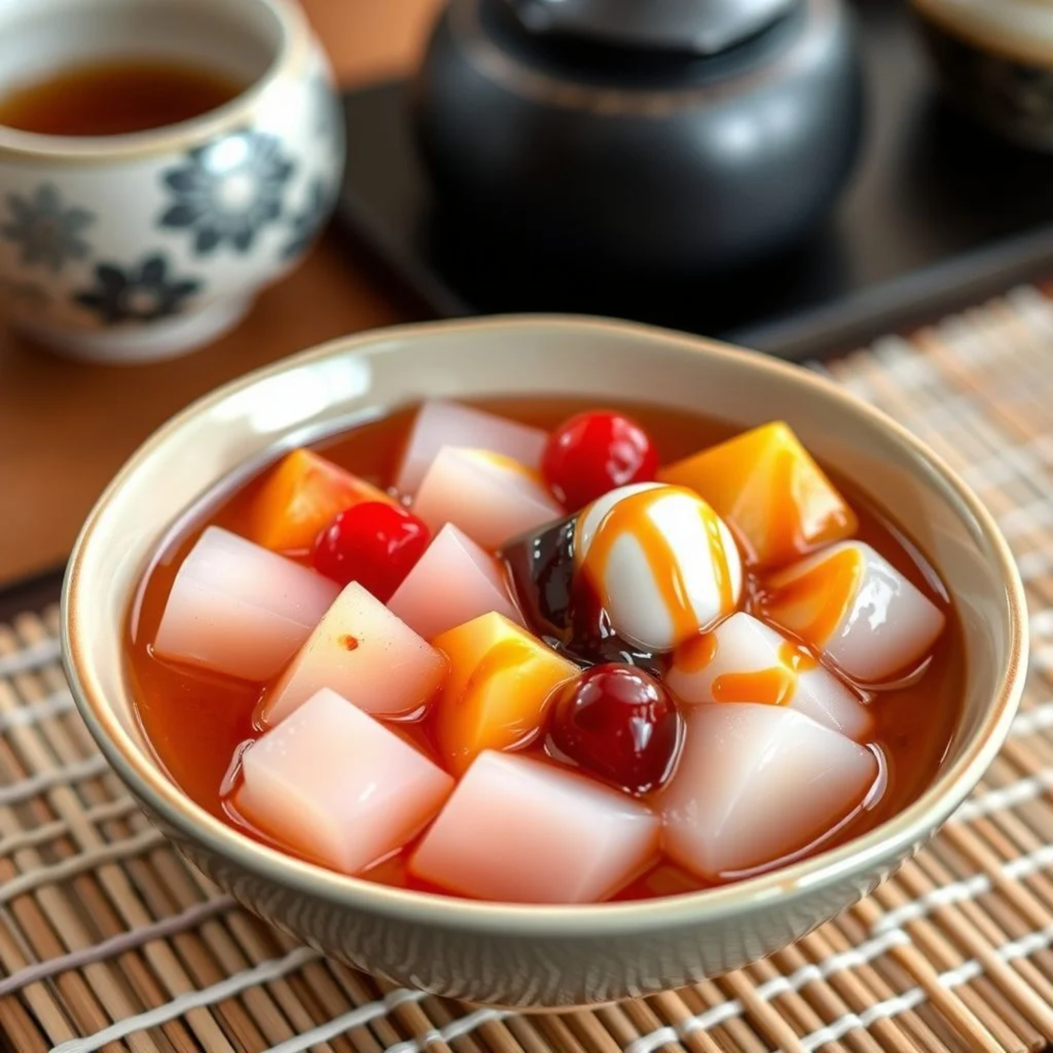 Anmitsu postre japonés con gelatina agar, frutas y jarabe kuromitsu en bowl tradicional