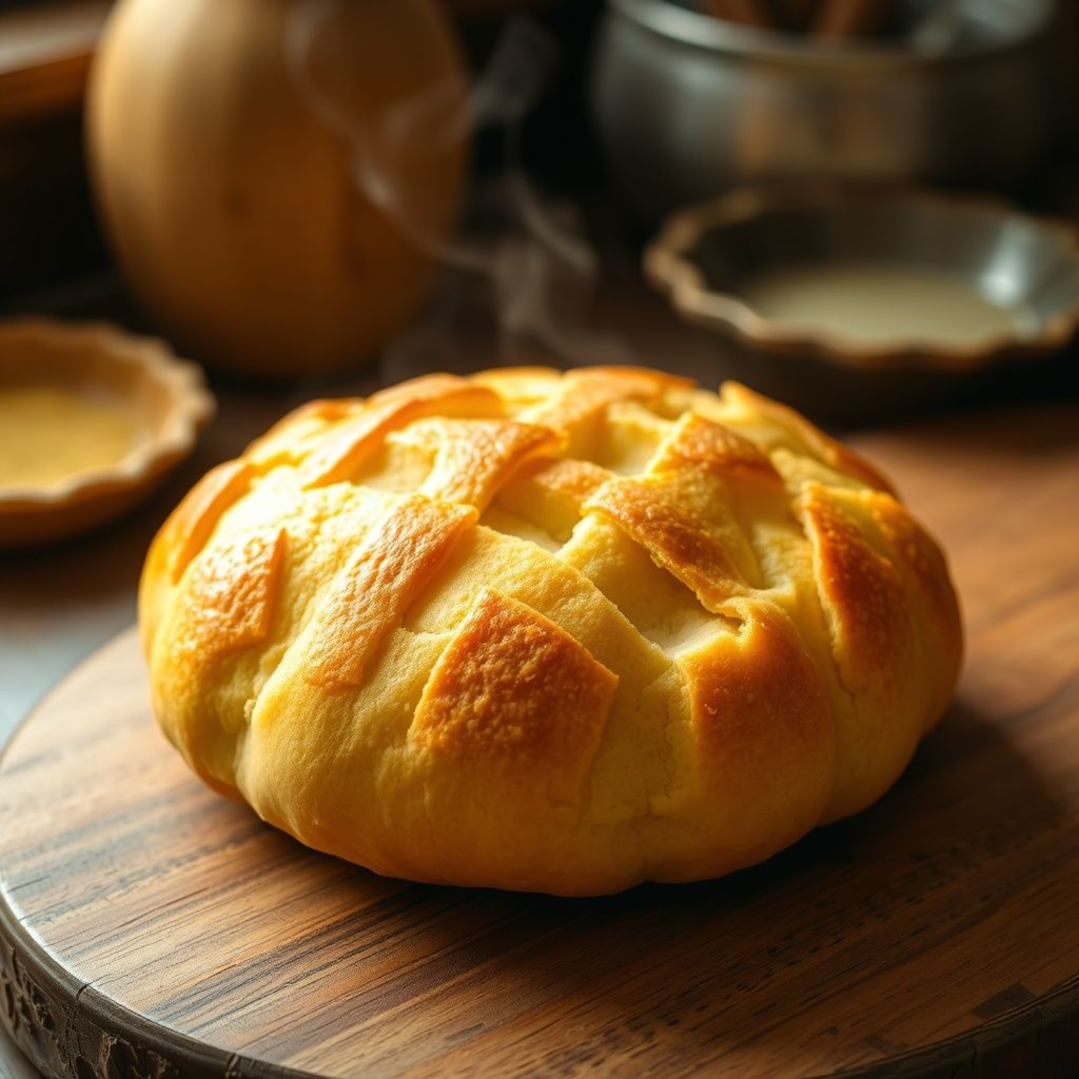 Melonpan japonés casero con corteza crujiente y patrón cuadriculado característico sobre tabla de madera