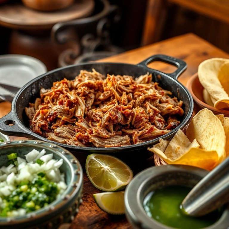 Carnitas de puerco michoacanas doradas y crujientes en sartén de hierro con tortillas y acompañamientos tradicionales