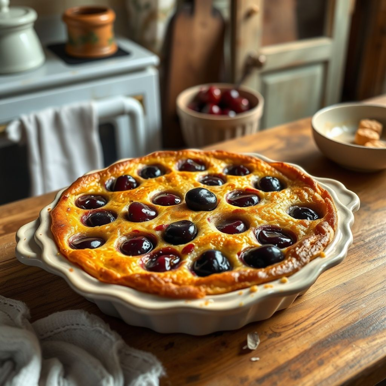Clafoutis de cereza francés recién horneado en molde de cerámica vintage con cerezas rojas incrustadas y superficie dorada