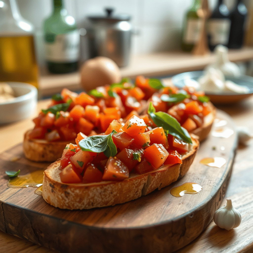 Bruschetta al Pomodoro Aperitivo Italiano Tradicional con Tomate Fresco y Albahaca 2 Bruschetta al Pomodoro auténtica italiana con tomate fresco, albahaca y aceite de oliva - receta fácil en 15 minutos