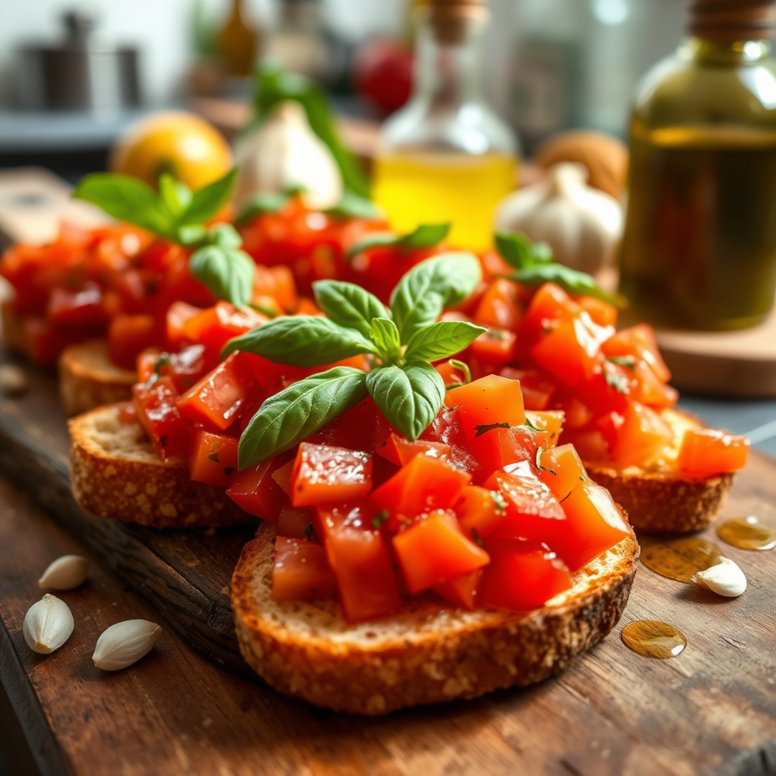 Bruschetta al Pomodoro auténtica italiana con tomate fresco, albahaca y aceite de oliva - receta fácil en 15 minutos