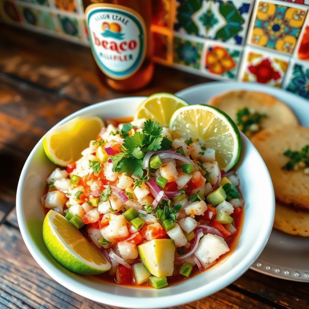 Ceviche Mexicano Tradicional - Receta Fácil en 20 Minutos 2 Ceviche mexicano auténtico con pescado fresco, cebolla morada, chile serrano y aguacate en bowl elegante sobre mesa rústica