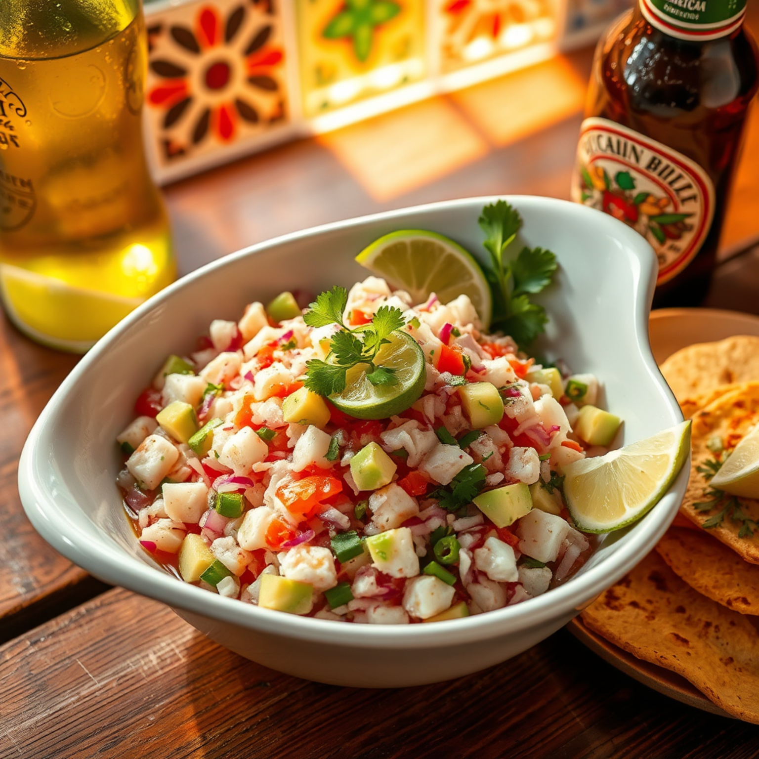 Ceviche mexicano auténtico con pescado fresco, cebolla morada, chile serrano y aguacate en bowl elegante sobre mesa rústica
