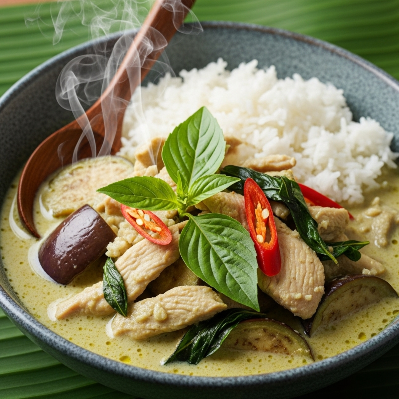 Green curry tailandés auténtico con pollo tierno y berenjenas en cremosa leche de coco con albahaca fresca