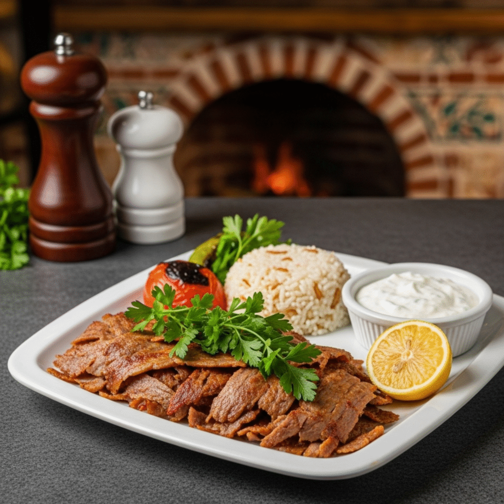 Kebab döner turco auténtico cocinándose en trompo vertical con chef cortando carne dorada, receta tradicional