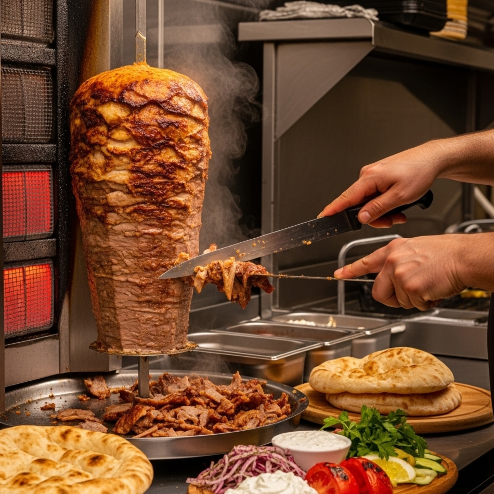 Kebab döner turco auténtico cocinándose en trompo vertical con chef cortando carne dorada, receta tradicional