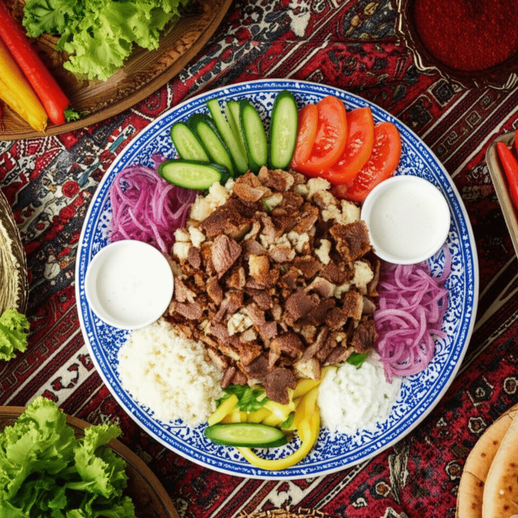 Kebab döner turco auténtico cocinándose en trompo vertical con chef cortando carne dorada, receta tradicional