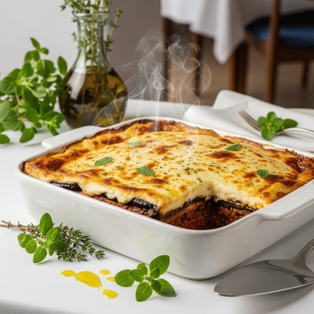 Moussaka tradicional griega auténtica con bechamel dorada, receta ancestral en plato cerámico rústico
