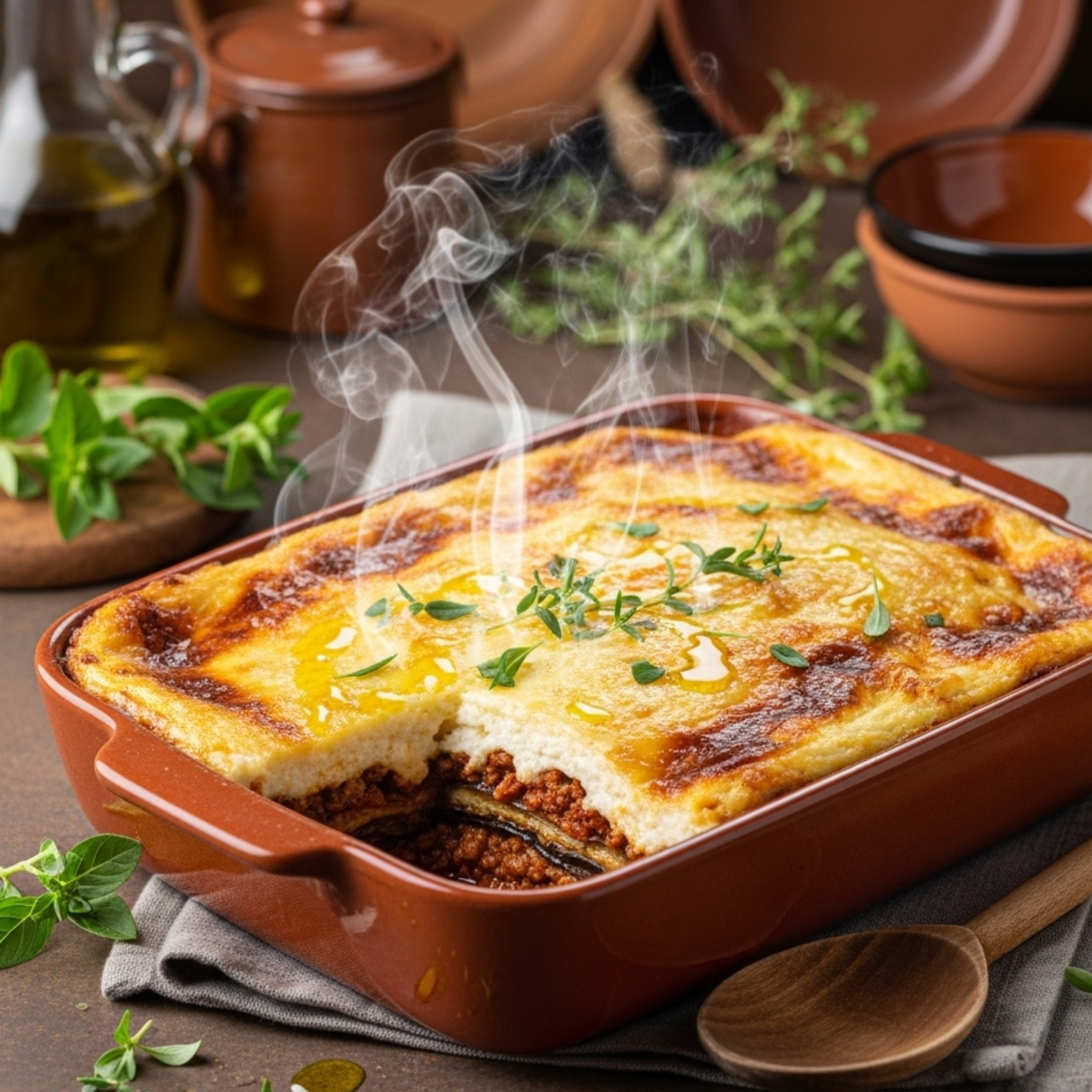 Moussaka tradicional griega auténtica con bechamel dorada, receta ancestral en plato cerámico rústico