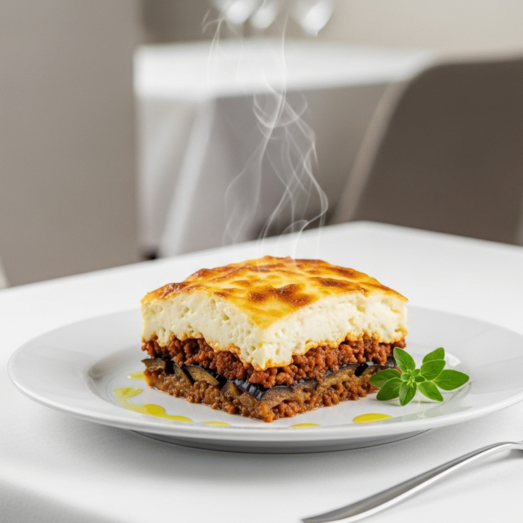 Moussaka tradicional griega auténtica con bechamel dorada, receta ancestral en plato cerámico