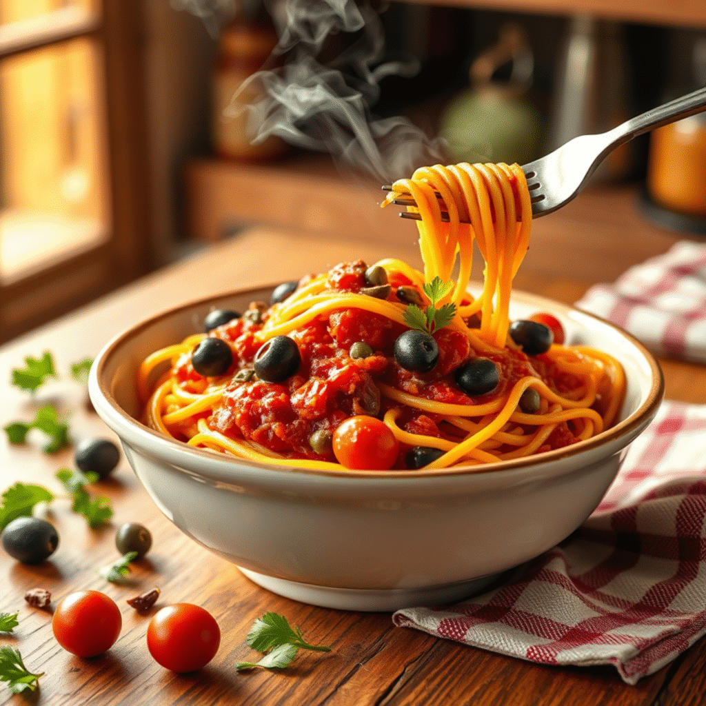 Pasta Puttanesca - Receta Italiana Fácil y Económica en 20 Minutos Pasta Puttanesca receta facil - espaguetis con salsa de tomate, aceitunas negras y alcaparras en bowl rustico italiano