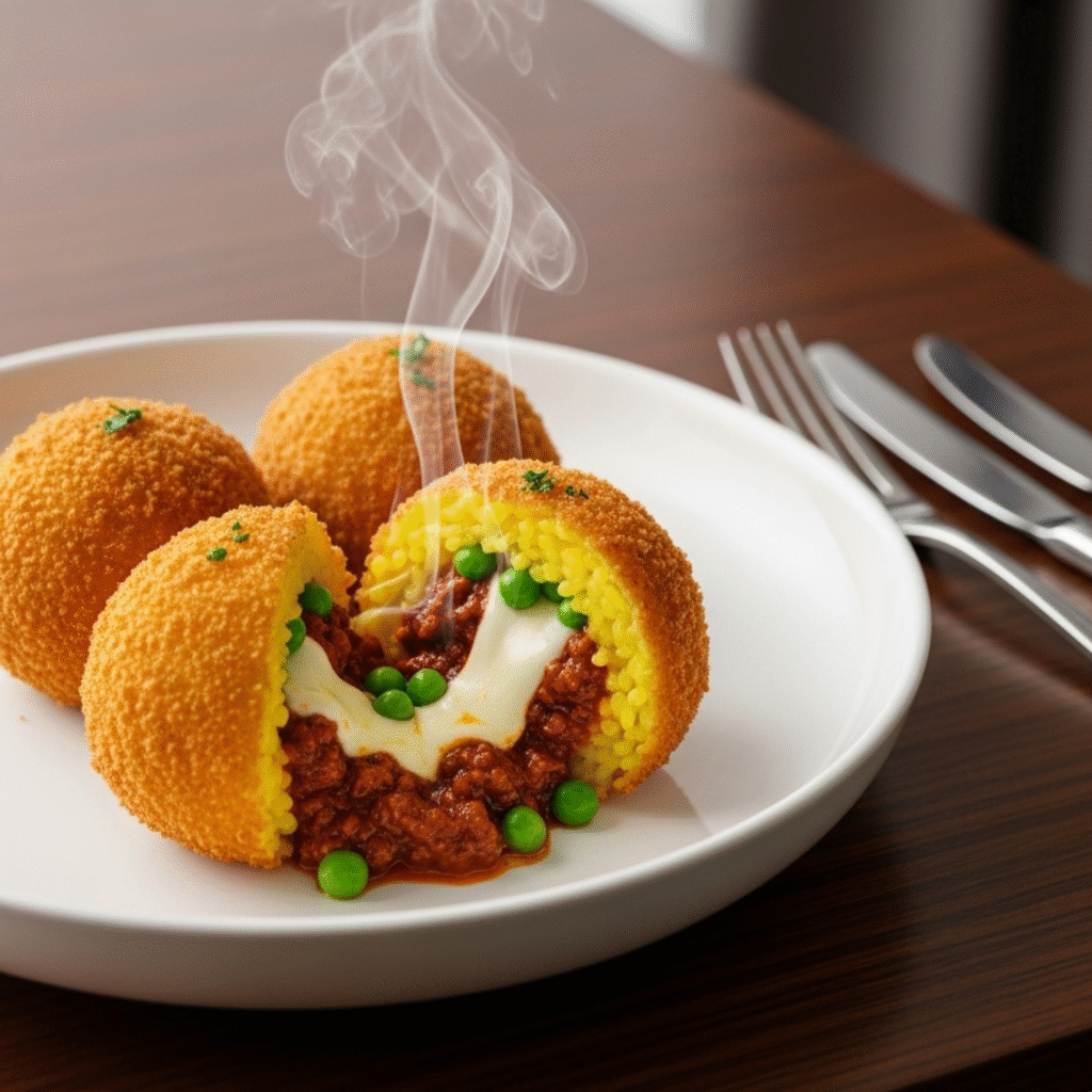 Receta Arancini Siciliani Tradicionales - Bolitas de Arroz Fritas con Ragù Arancini siciliani dorados con relleno de ragù, mozzarella y guisantes sobre plato rústico de cerámica