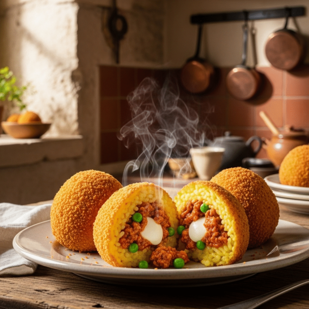 Receta Arancini Siciliani Tradicionales - Bolitas de Arroz Fritas con Ragù 2 Arancini siciliani dorados con relleno de ragù, mozzarella y guisantes sobre plato rústico de cerámica