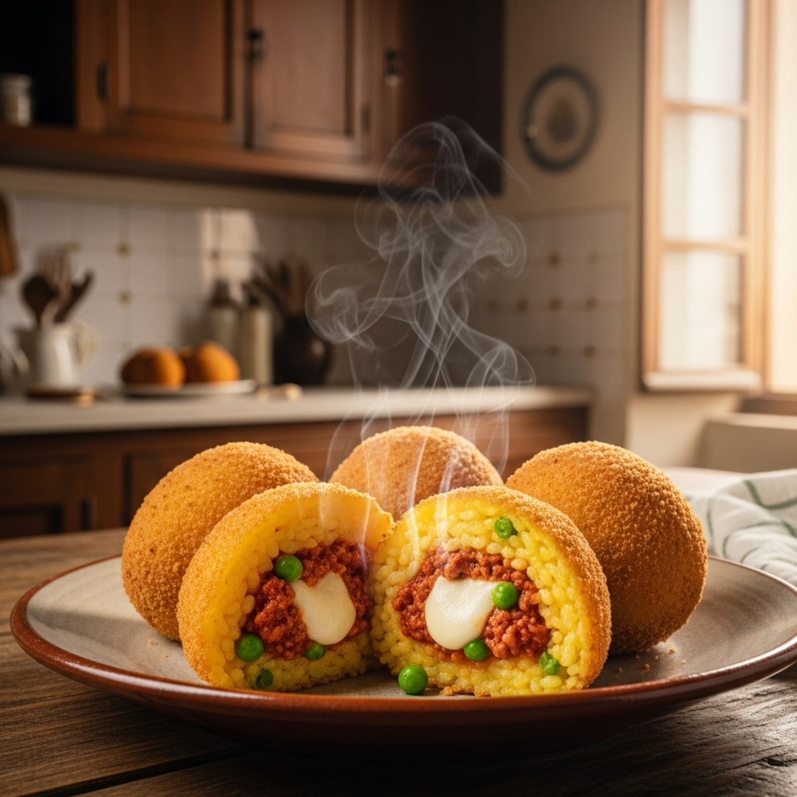 Arancini siciliani dorados con relleno de ragù, mozzarella y guisantes sobre plato rústico de cerámica
