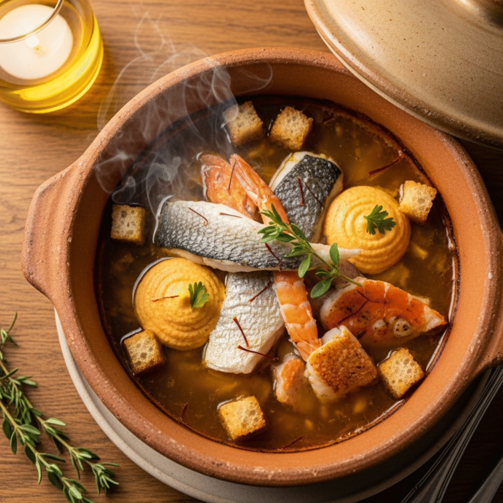 Bouillabaisse auténtica francesa en cazuela de barro con caldo dorado de azafrán y pescados mediterráneos frescos
