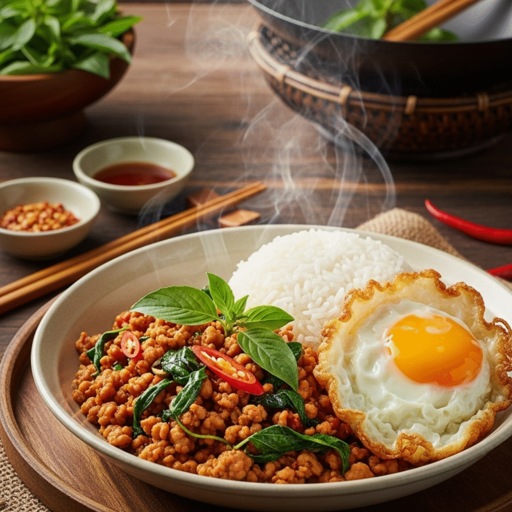 Pad Krapow tailandés auténtico con albahaca santa, carne de cerdo, chile y huevo frito servido con arroz jazmín en mesa tradicional tailandesa