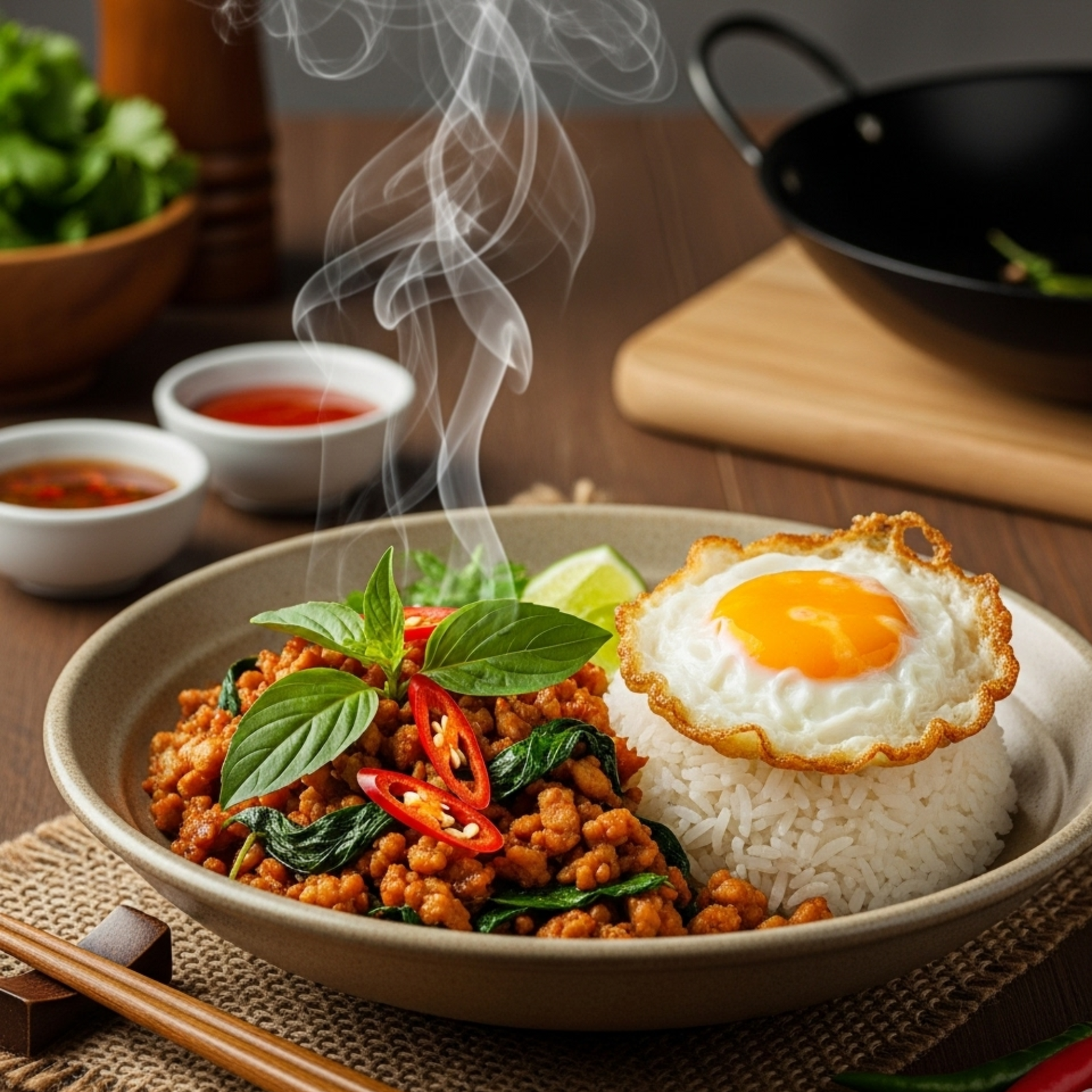 Pad Krapow tailandés auténtico con albahaca santa, carne de cerdo, chile y huevo frito servido con arroz jazmín en mesa tradicional tailandesa