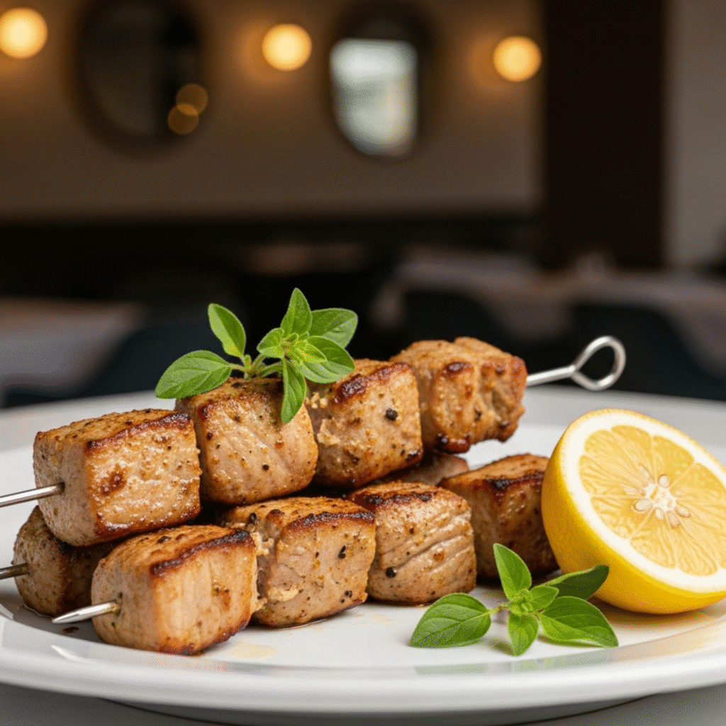 Souvlaki de cerdo auténtico griego marinado cocinándose en parrilla de carbón con hierbas mediterráneas