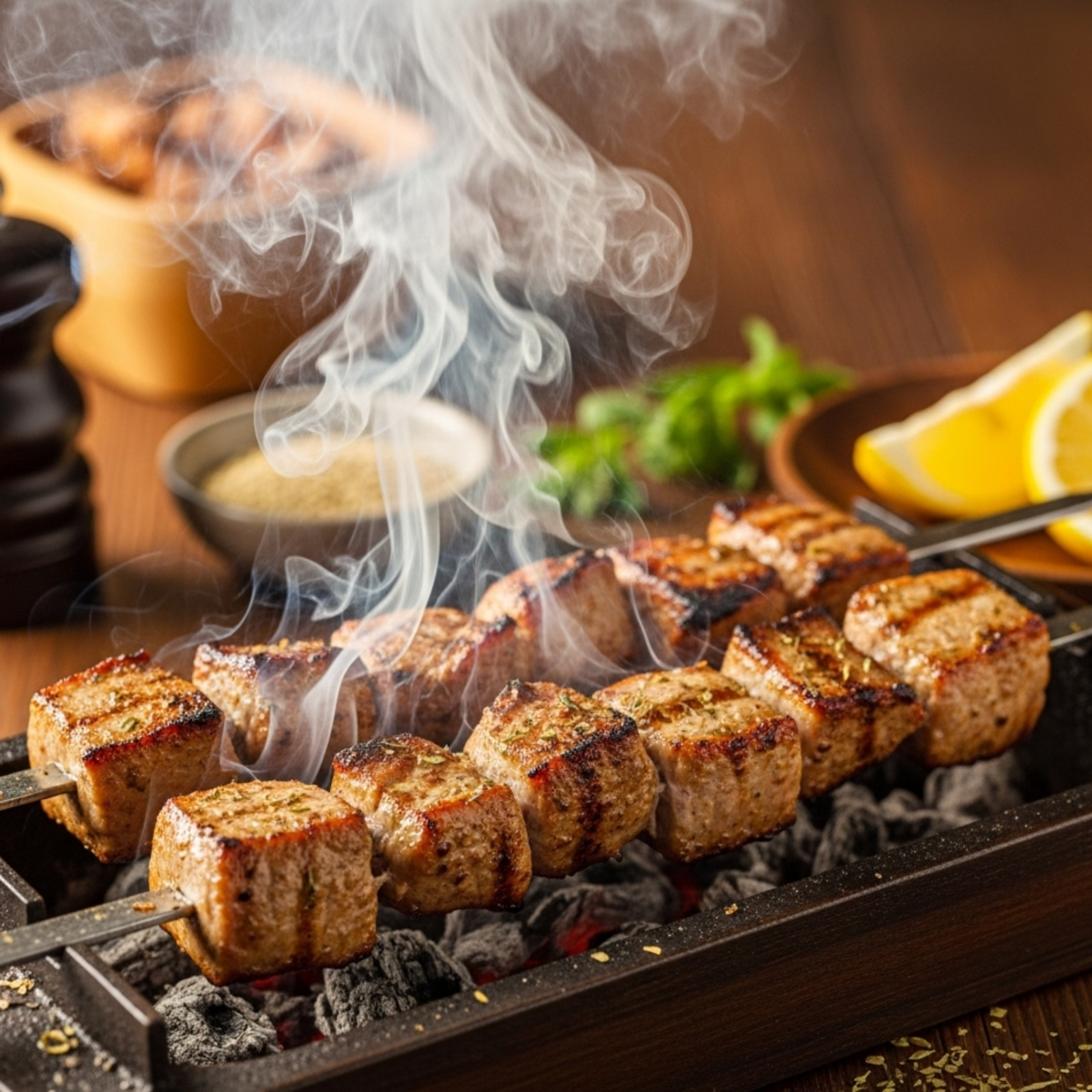 Souvlaki de cerdo auténtico griego marinado cocinándose en parrilla de carbón con hierbas mediterráneas