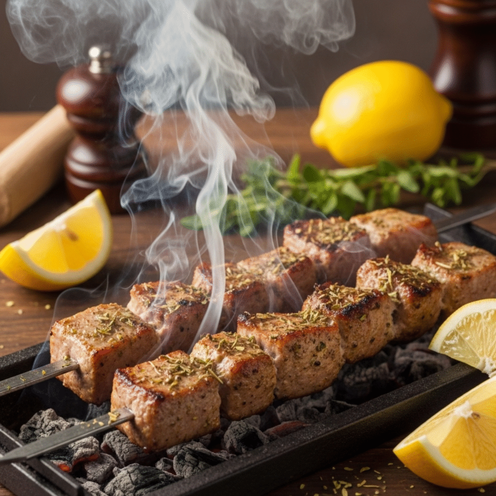 Souvlaki de cerdo auténtico griego marinado cocinándose en parrilla de carbón con hierbas mediterráneas