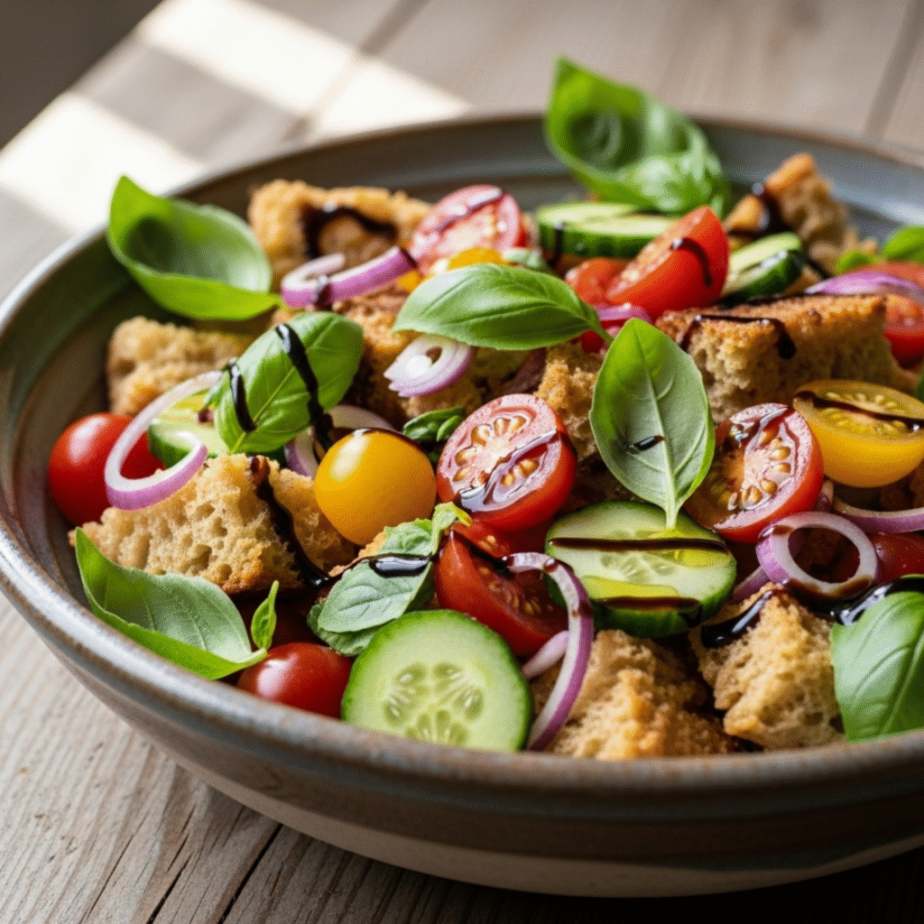 Panzanella toscana auténtica con pan, tomates frescos, albahaca y aceite de oliva en cuenco rústico de cerámica
