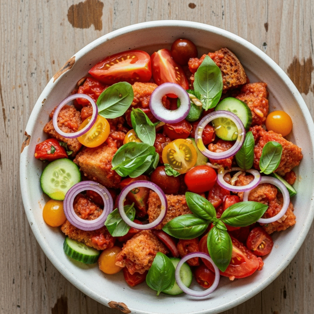 Panzanella toscana auténtica con pan, tomates frescos, albahaca y aceite de oliva en cuenco rústico de cerámica
