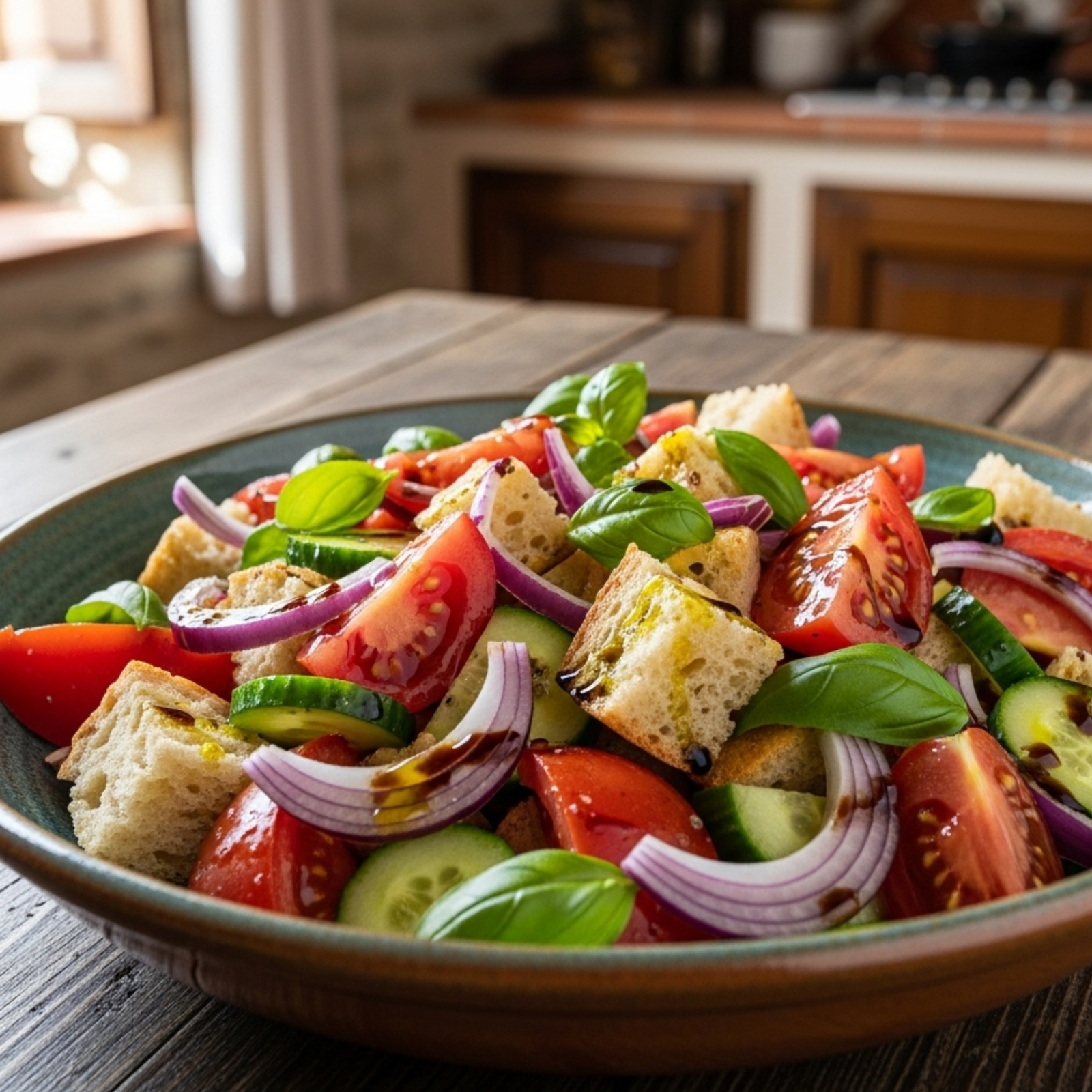 Panzanella toscana auténtica con pan, tomates frescos, albahaca y aceite de oliva en cuenco rústico de cerámica