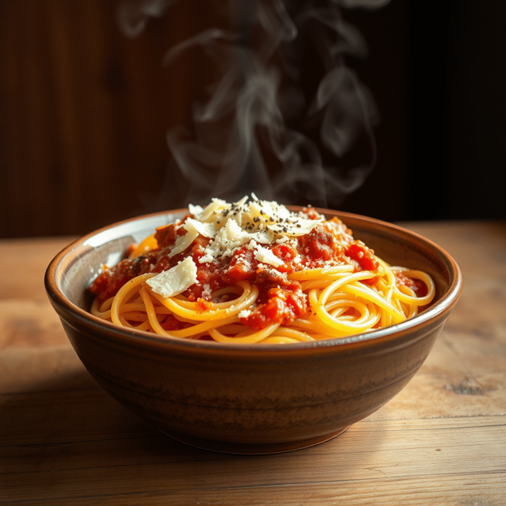 Receta Pasta Amatriciana Fácil 20 Minutos Auténtica Italiana Pasta Amatriciana auténtica con guanciale y pecorino romano en bowl rústico